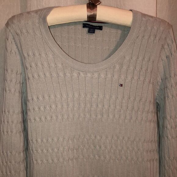 Tommy Hilfiger S Light Gray Silver Cable Knit Light Cotton Crewneck Sweater - Picture 3 of 9